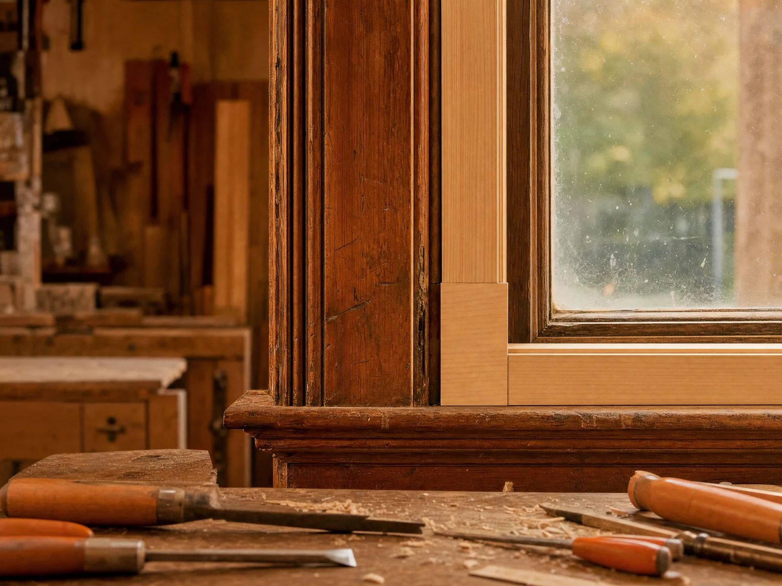 Illustrative concept: Close architectural detail of window trim and sound home repair materials